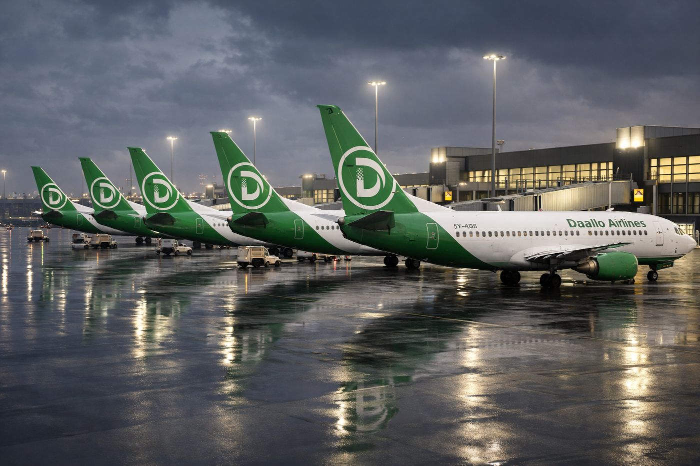 Daallo Airlines aircraft lined up at the gate in the rain